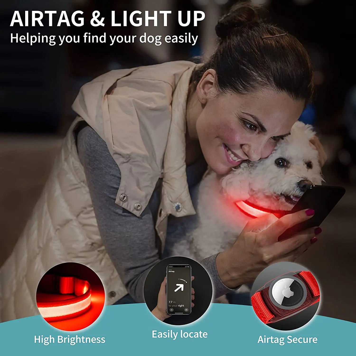 LED Dog Collar with Built-In AirTag Holder